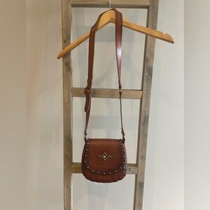 VINTAGE small western Leather Crossbody Bag Brown Handmade Studs Jewels Stitched